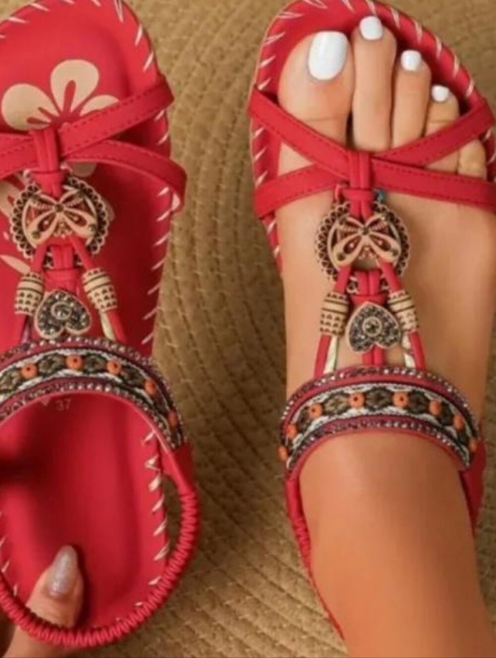 Women's Red Embellished Toe-Loop Sandals